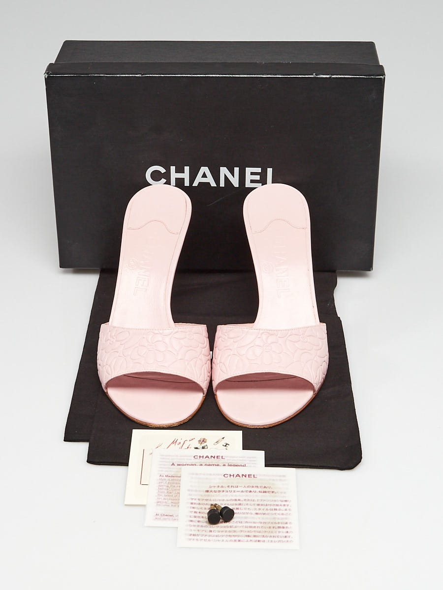 Chanel Pink Camellia Embossed Leather Open Toe Mule Sandals Size