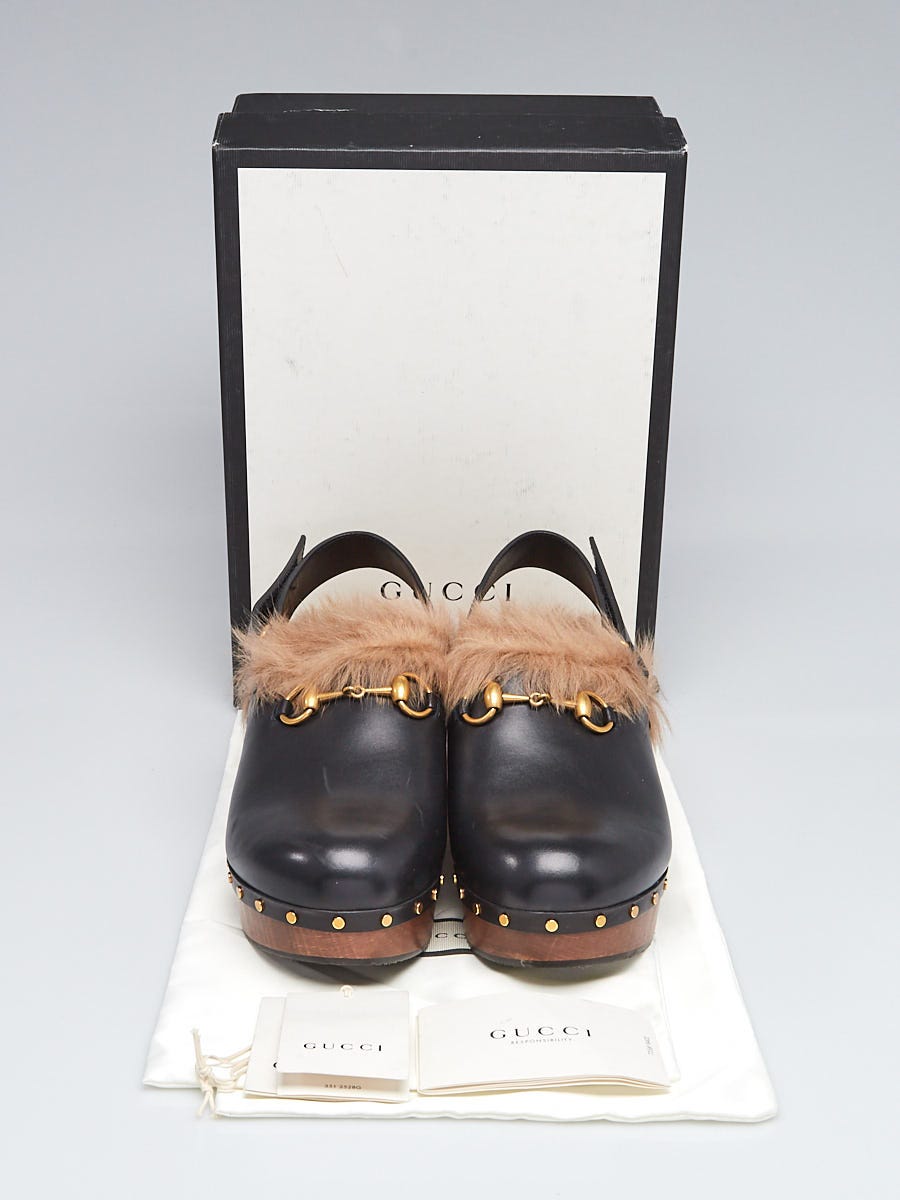 Gucci Black Leather and Fur Slingback Amstel Clogs Size 11.5/42