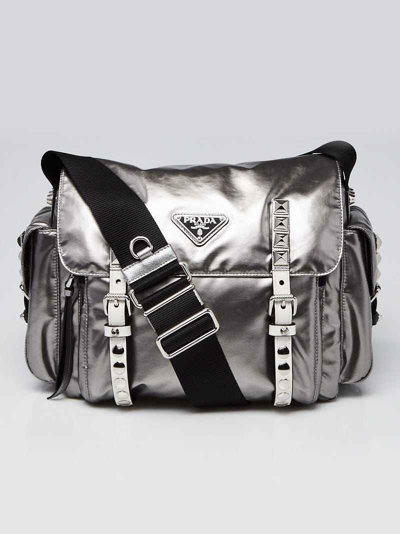 Prada Silver Tessuto Metallic Nylon Studded Messenger Bag 1BD118