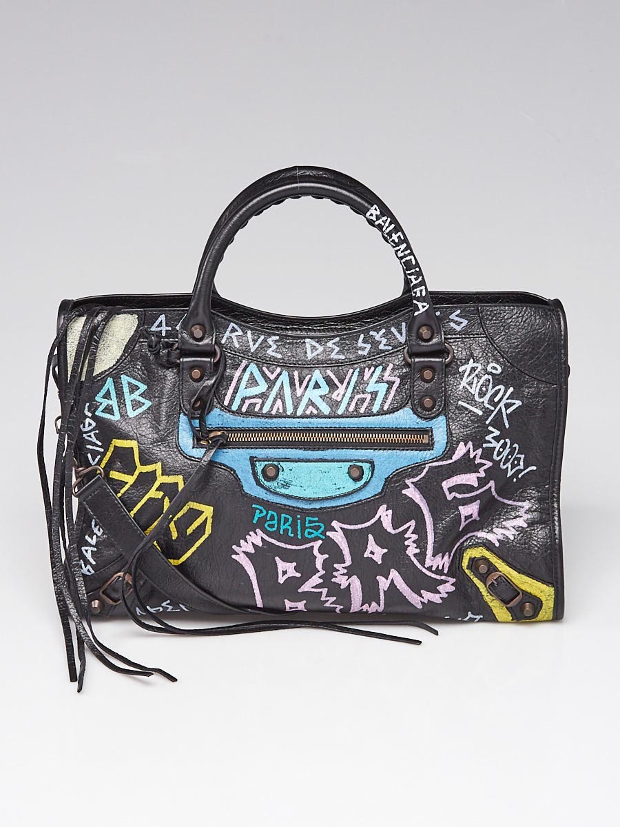 Balenciaga Black/Multicolor Lambskin Leather Graffiti Classic City