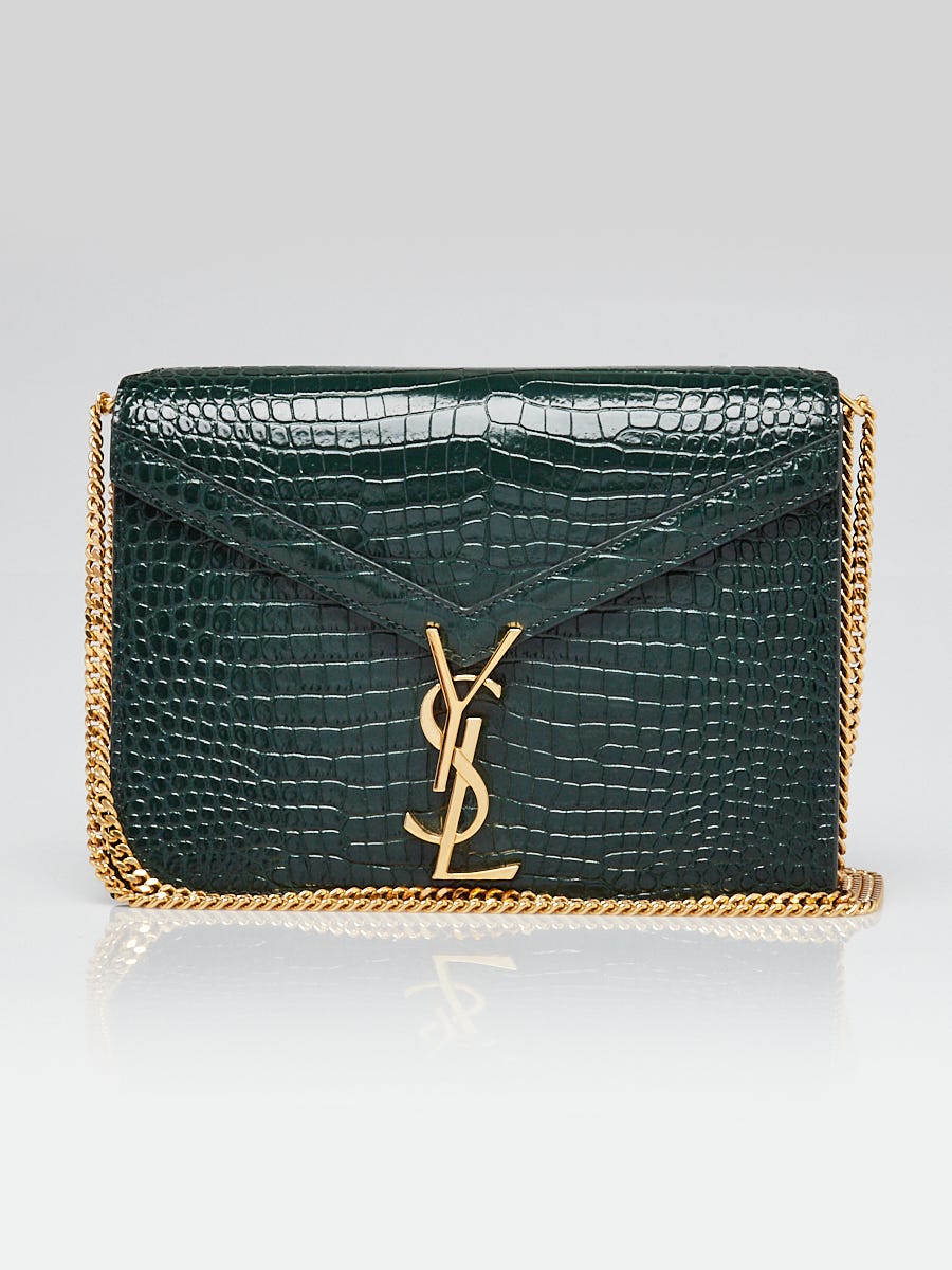 Yves Saint Laurent Dark Mint Croc Embossed Leather Cassandra Clasp