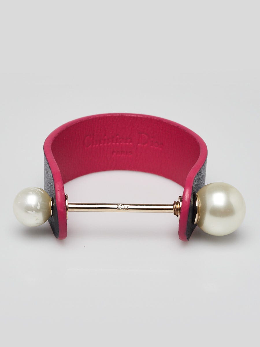 Christian Dior Black/Pink Leather Pearl Cuff Bracelet | Yoogi's Closet