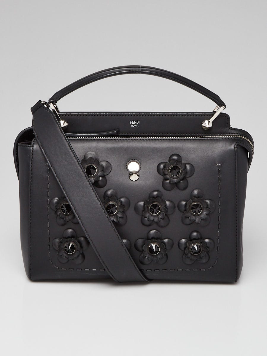 Fendi Black Leather Floral-Studded Dotcom Satchel Bag - 8BN293