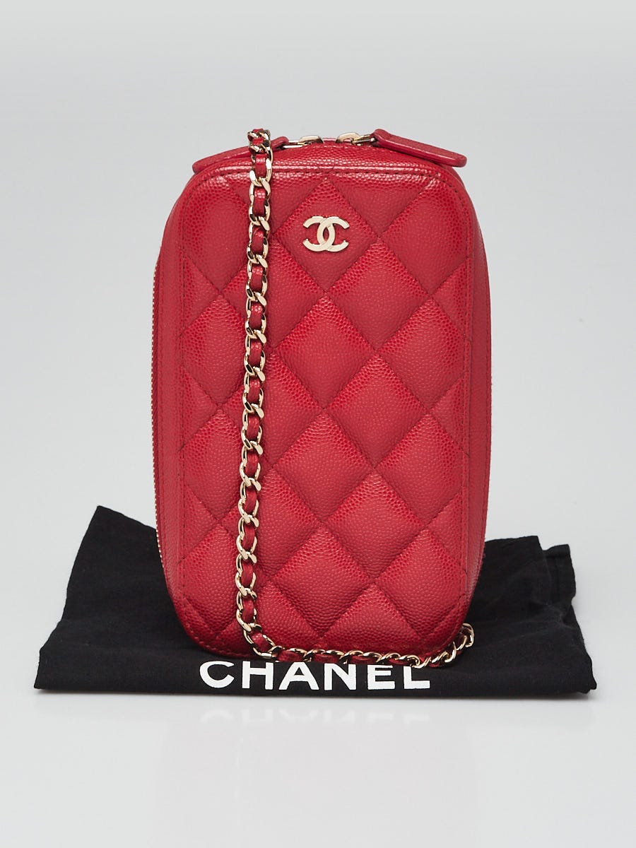 Chanel Red Quilted Caviar Leather Zip Around Phone Holder With