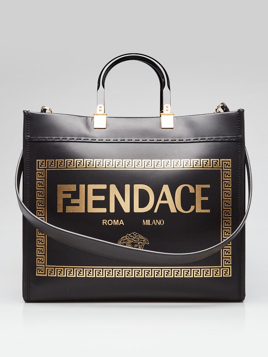 Fendi x Versace Black Leather Fendace Sunshine Shopper Tote Bag