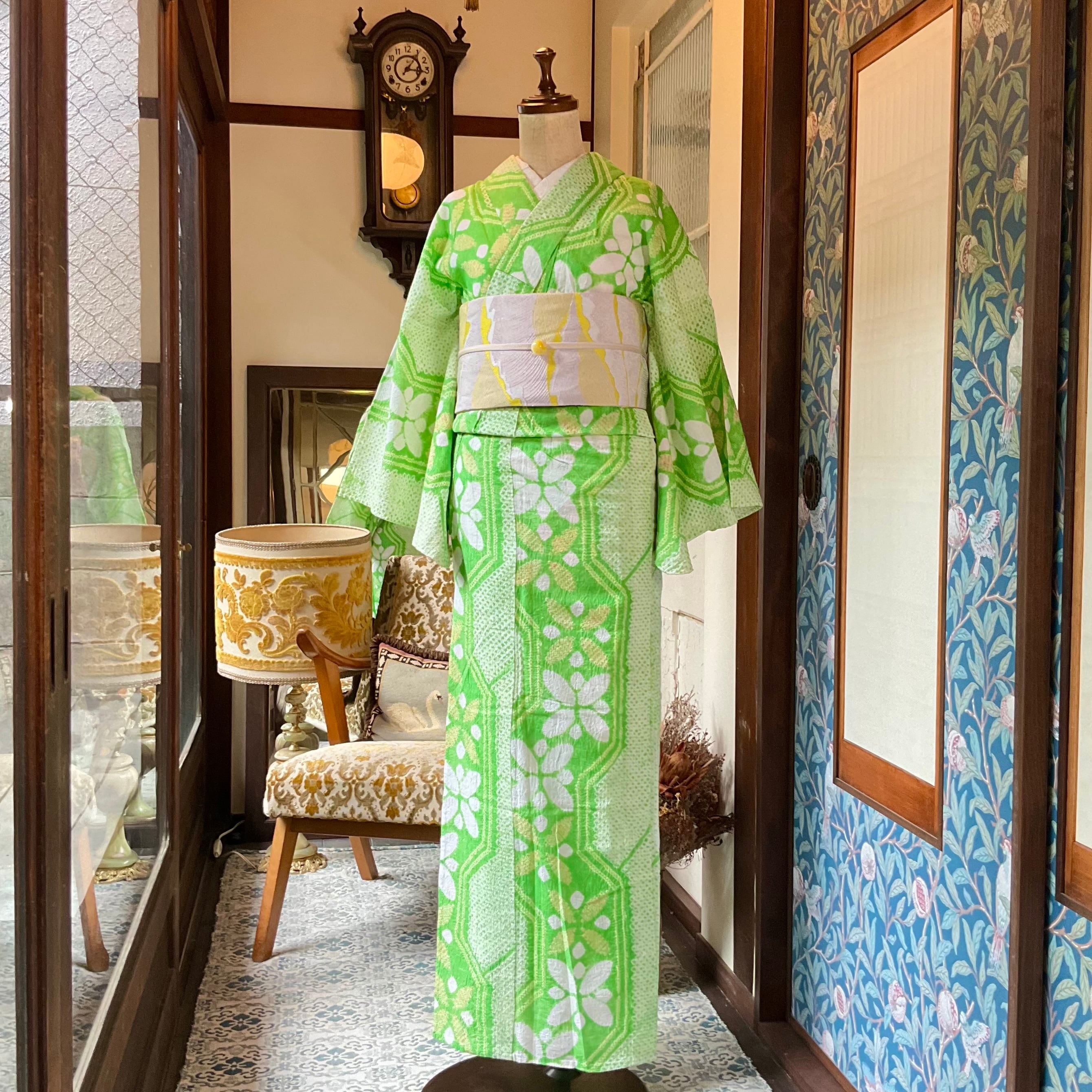 long＊apple green＊有松鳴海絞り浴衣 グリーン 花 爽やか A726