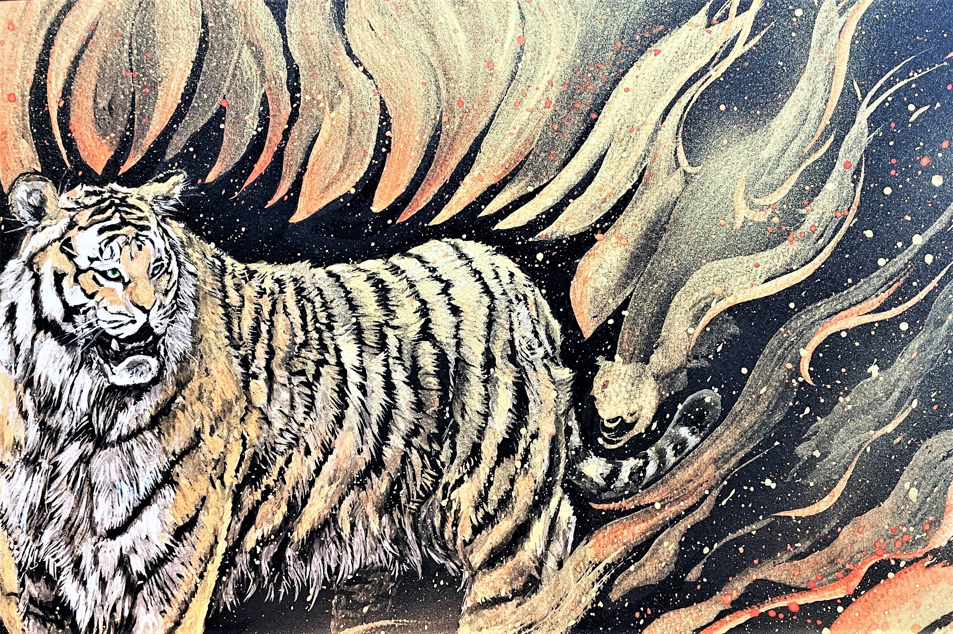 現代水墨画家 絵師白道「炎虎」直筆作品 真筆証明書付 高級額装 箱あり