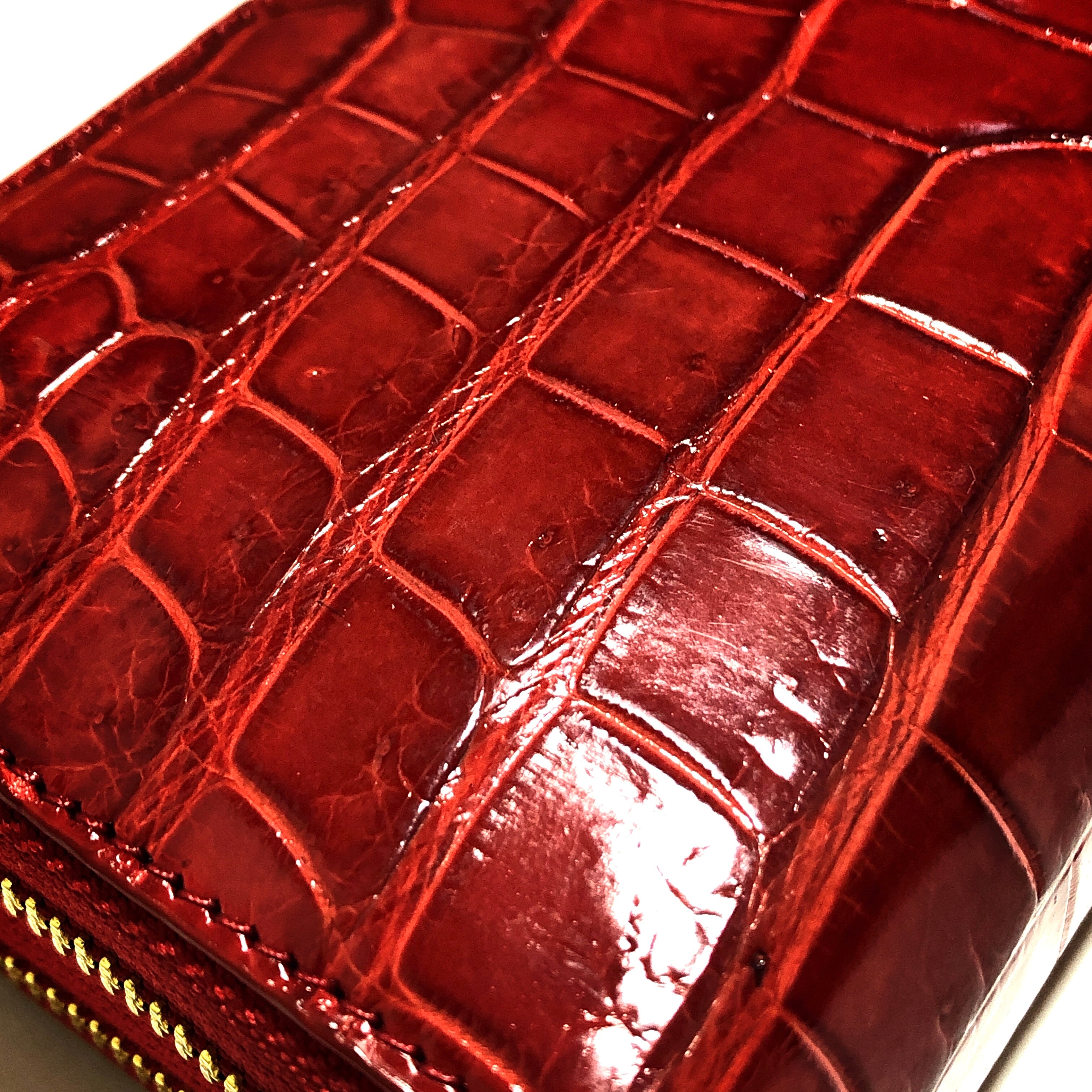 クロコダイル 長財布 本革 センター取り 肚ワニ ダブルファスナー RED