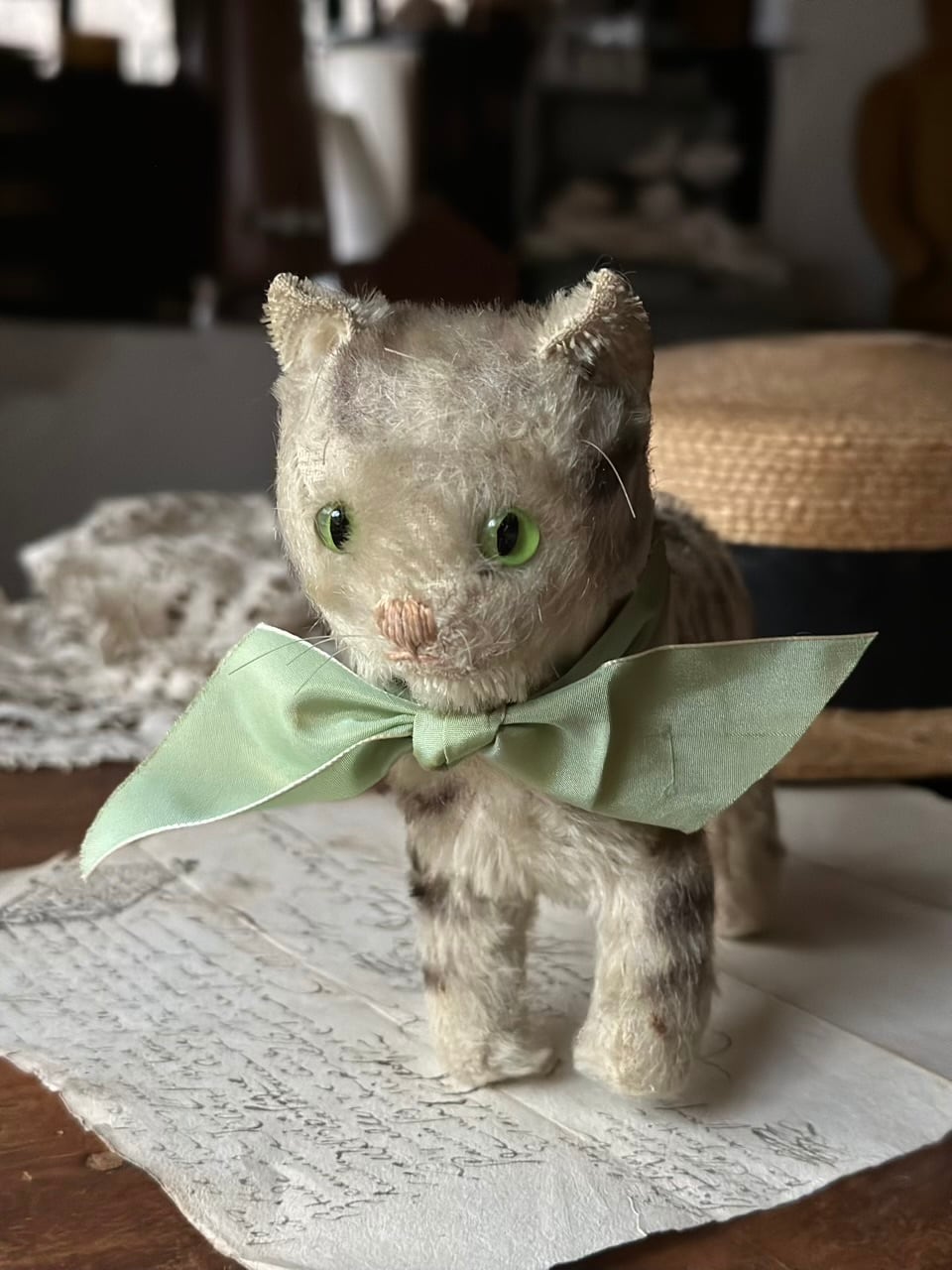 ねこのぬいぐるみ 薄いグリーンの目 リボン 猫 | Brocante de La