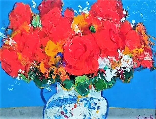 斉藤要「ばら」油彩画 額縁外寸56.5x47.0x5.5㎝ 絵41.0x31.8㎝ 張