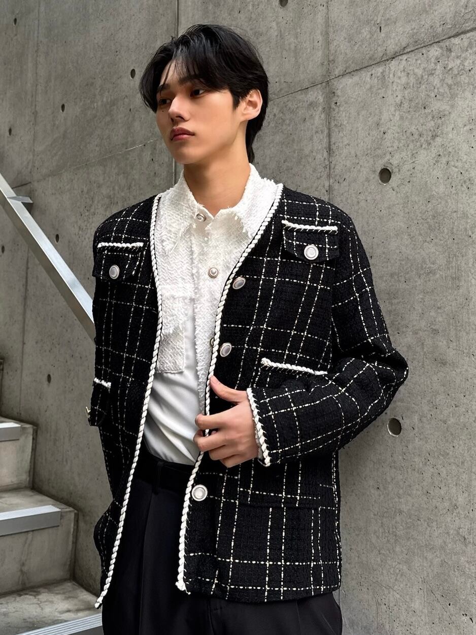 ALUDE SELECT】line frame tweed jacket(2color) | 【ALUDE】韓国