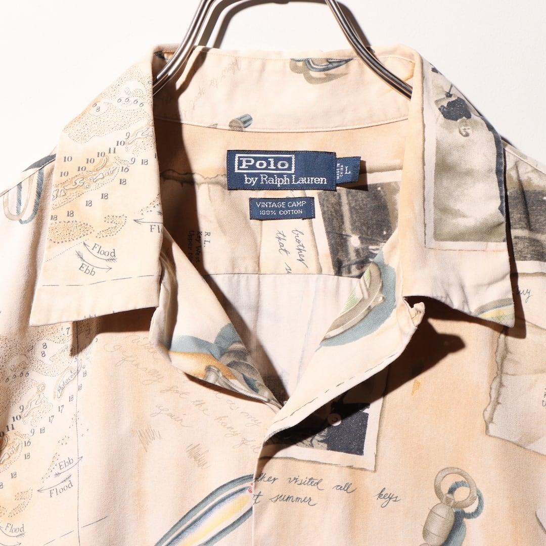 美品 L 釣り柄 Vintage Camp ポロラルフローレン 半袖開襟シャツ polo