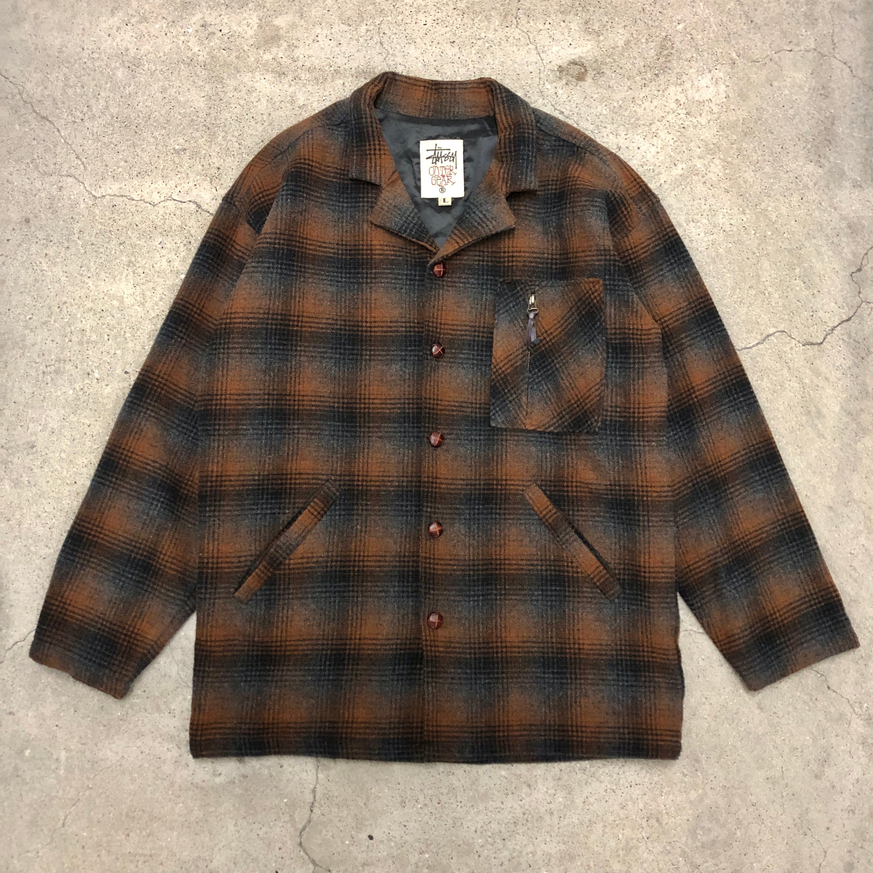 90s OLD STUSSY/OUTER GEAR/Check Wool Jacket/USA製/白タグ/L