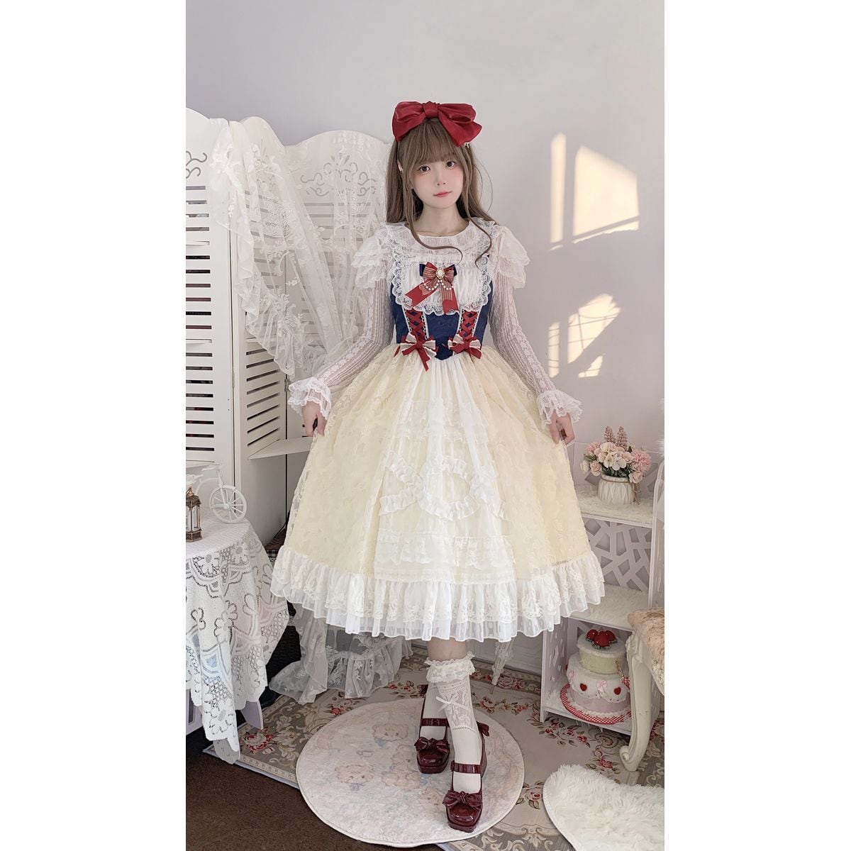 白雪姫カラー編み上げデザインジャンパースカート：ロング丈ver