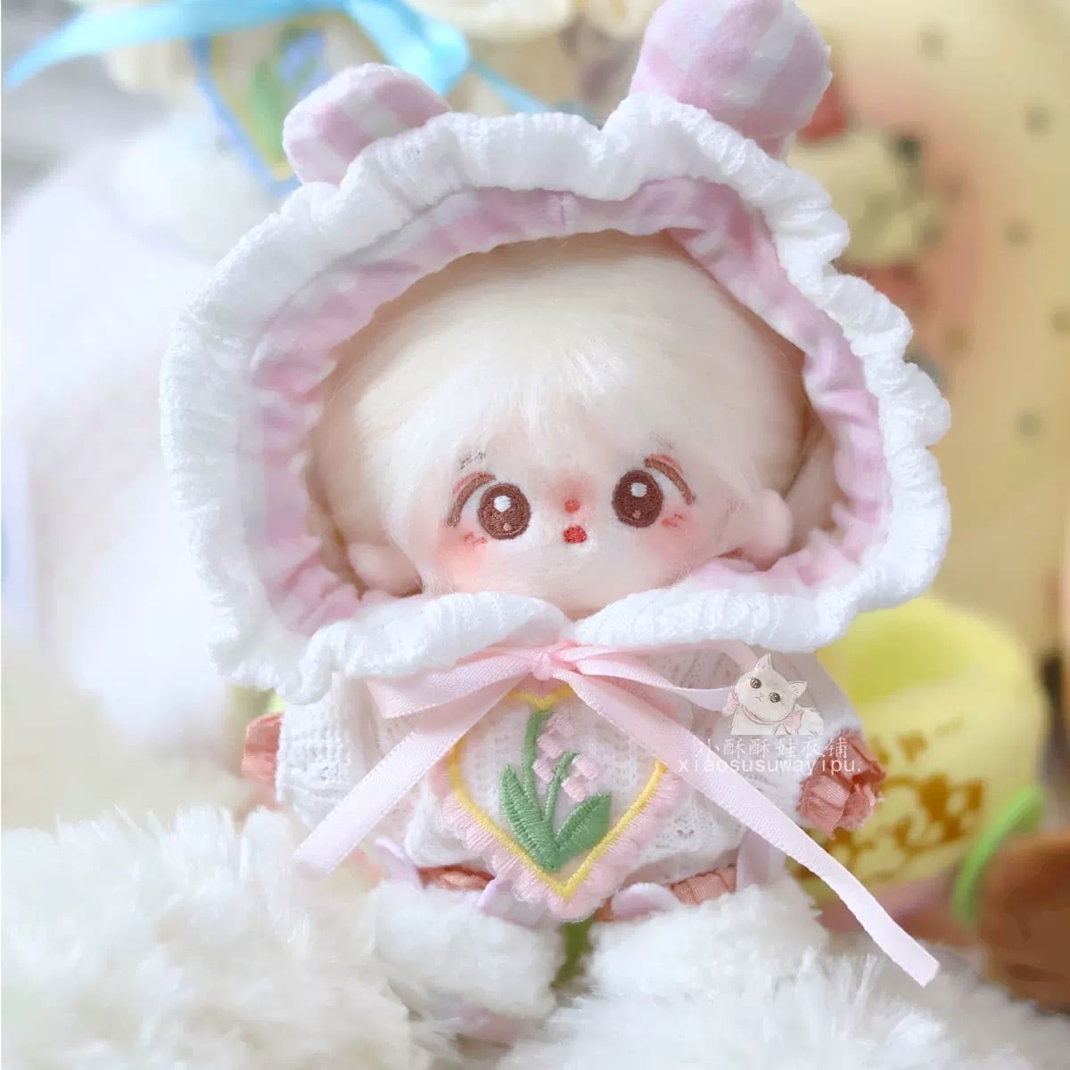 10cmぬい服】うさ耳フードロンパースコーデ 着せ替えぬいぐるみ用 棉花