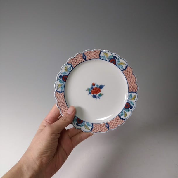 今泉今右衛門 錦渕浪菊形高台皿 輪花 菊花形 牡丹 青海波 剣先高台 5枚