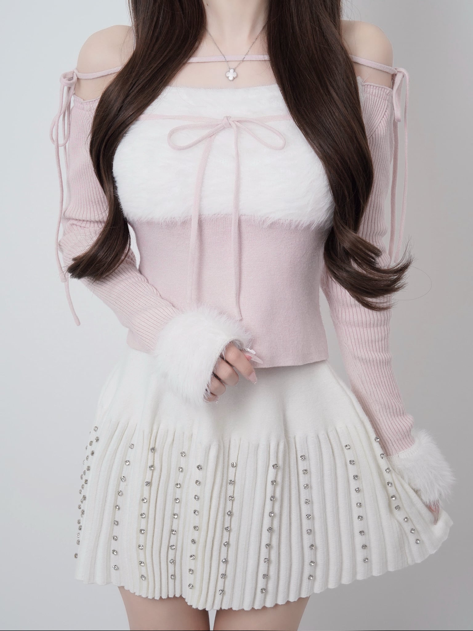 ルミニョン Bijou grid ribbon dress M Lumignon