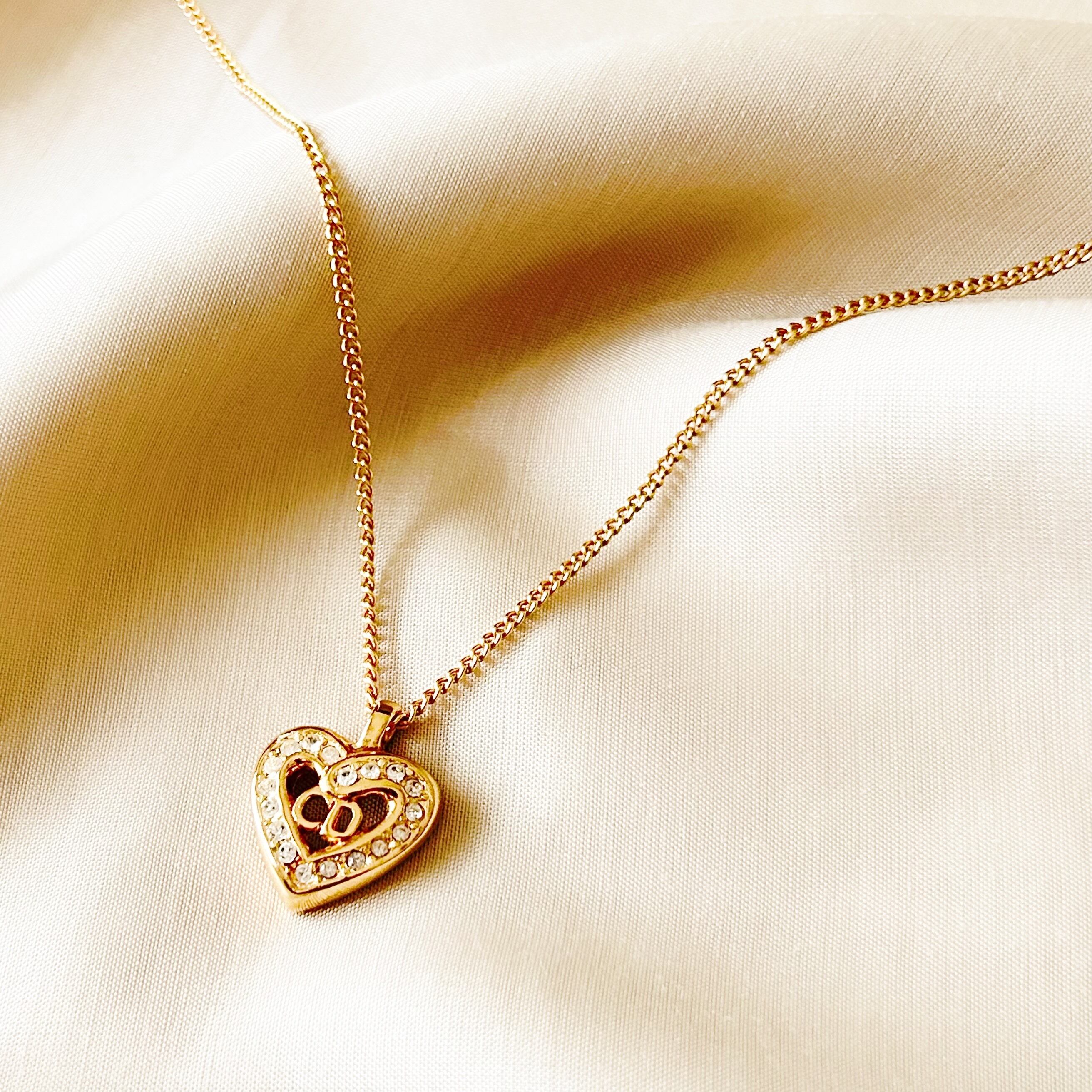 N5152】Christian Dior logo heart rhinestone necklace/クリスチャン