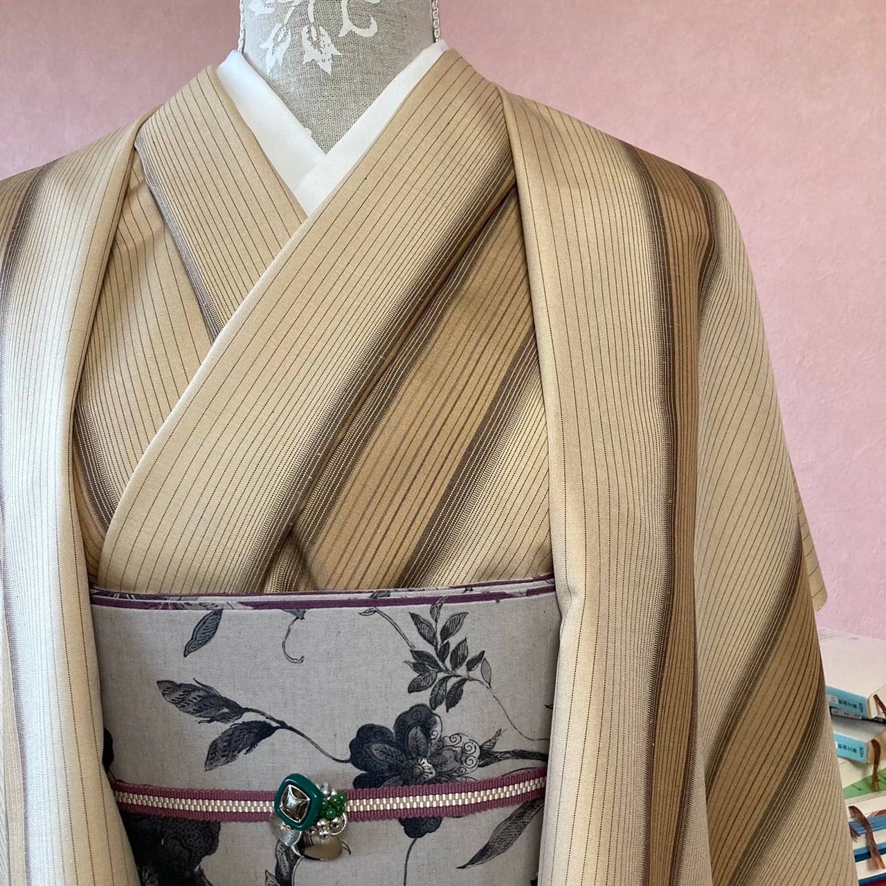 小紋　フルセット　着物　正絹　縦縞　唐草　シャレ帯　紬　p3 正絹小紋レンタルフルセット「更紗総柄」 | レンタル着物,おしゃれ着物
