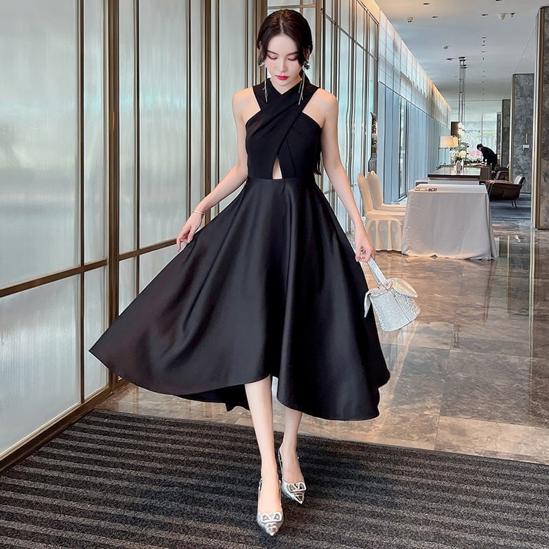 クロスホルターワンピースパーティーブラックドレス5702 | jian dress