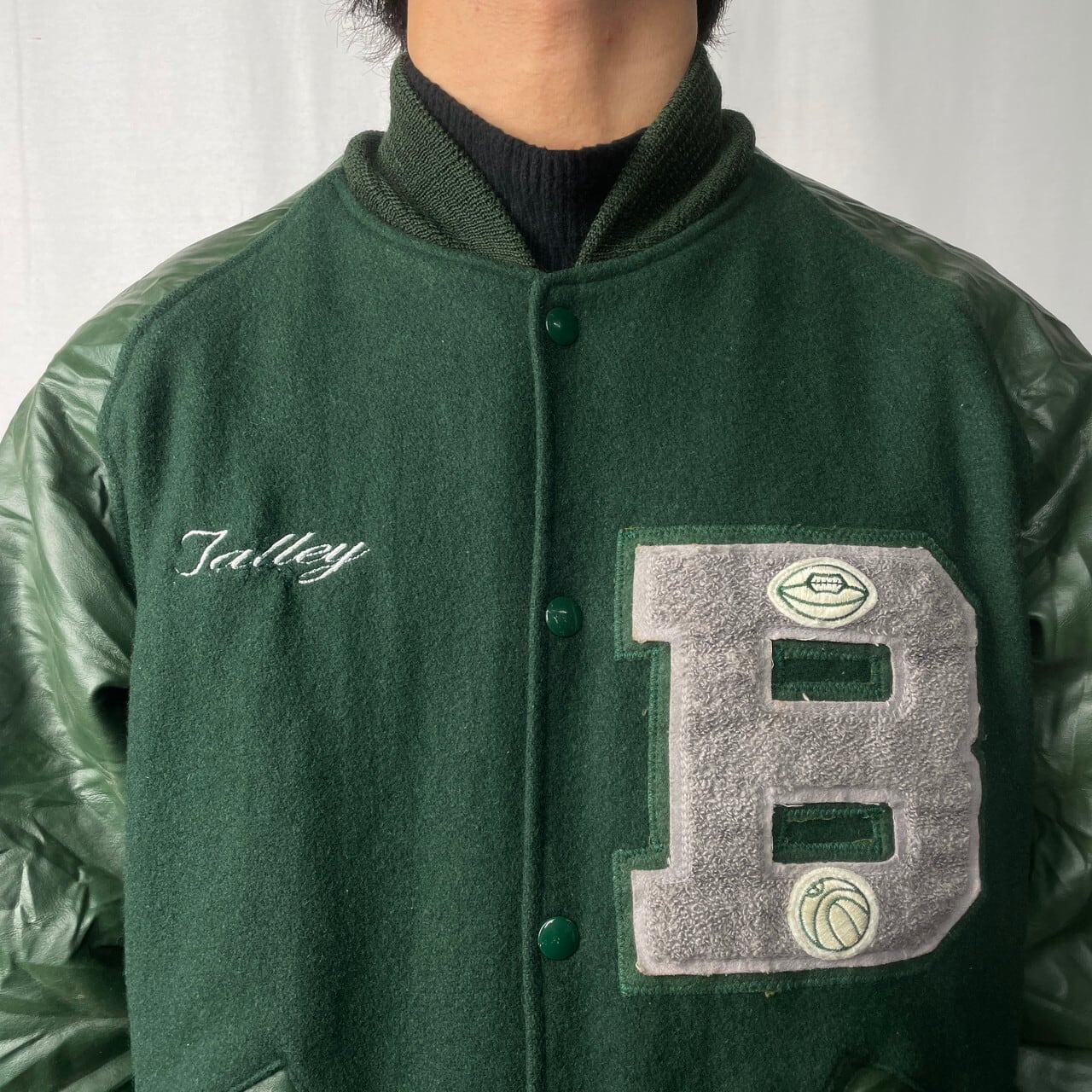 NEFF USA製 袖レザー ウールスタジャン ワッペン メンズL 古着 チーム