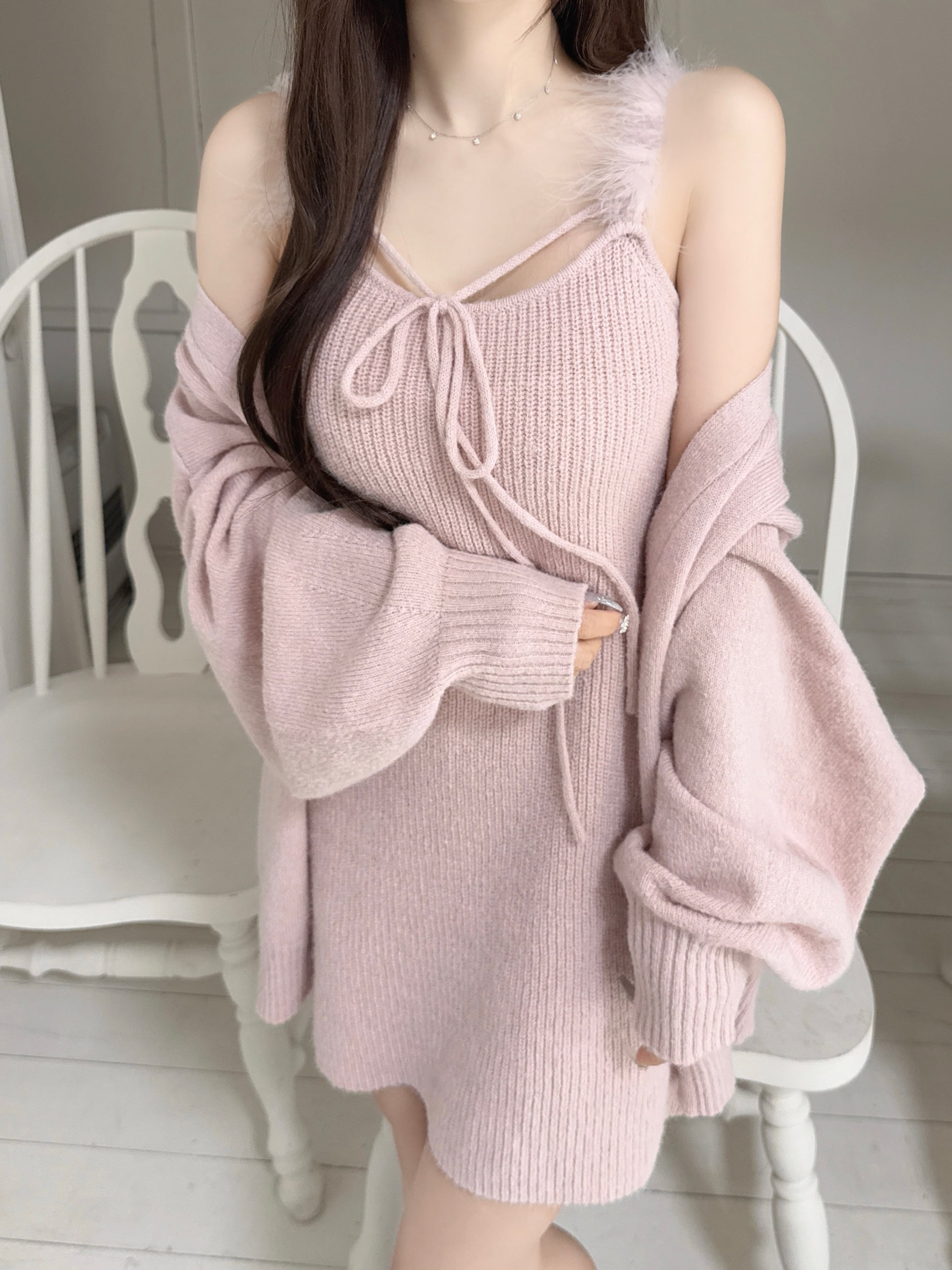 Lumignon original ♥feather ribbon op + cardigan【ピンク】 | Lumignon