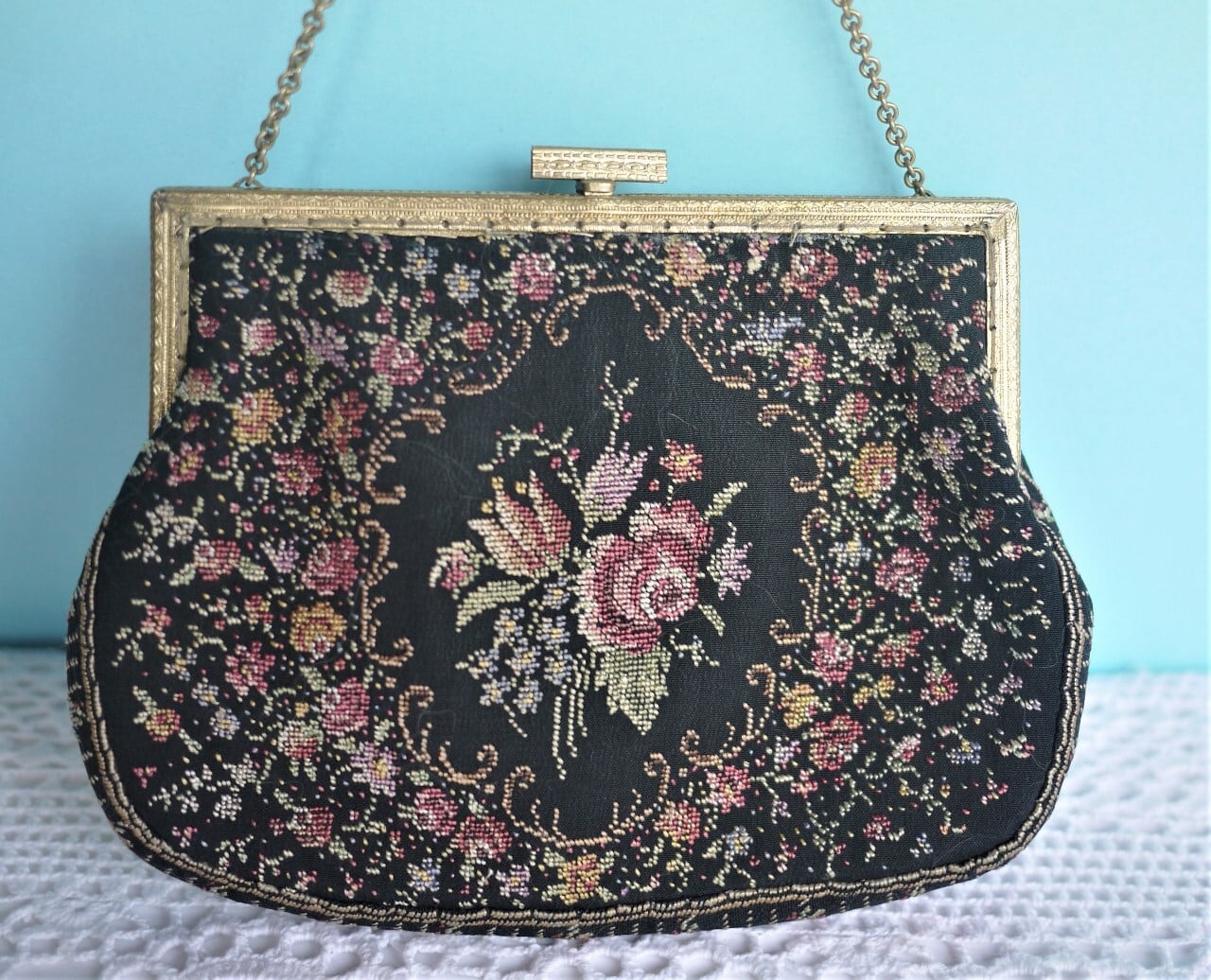 プチポワン刺繍のバッグ ドイツアンティーク | こりすのパン屋Base店