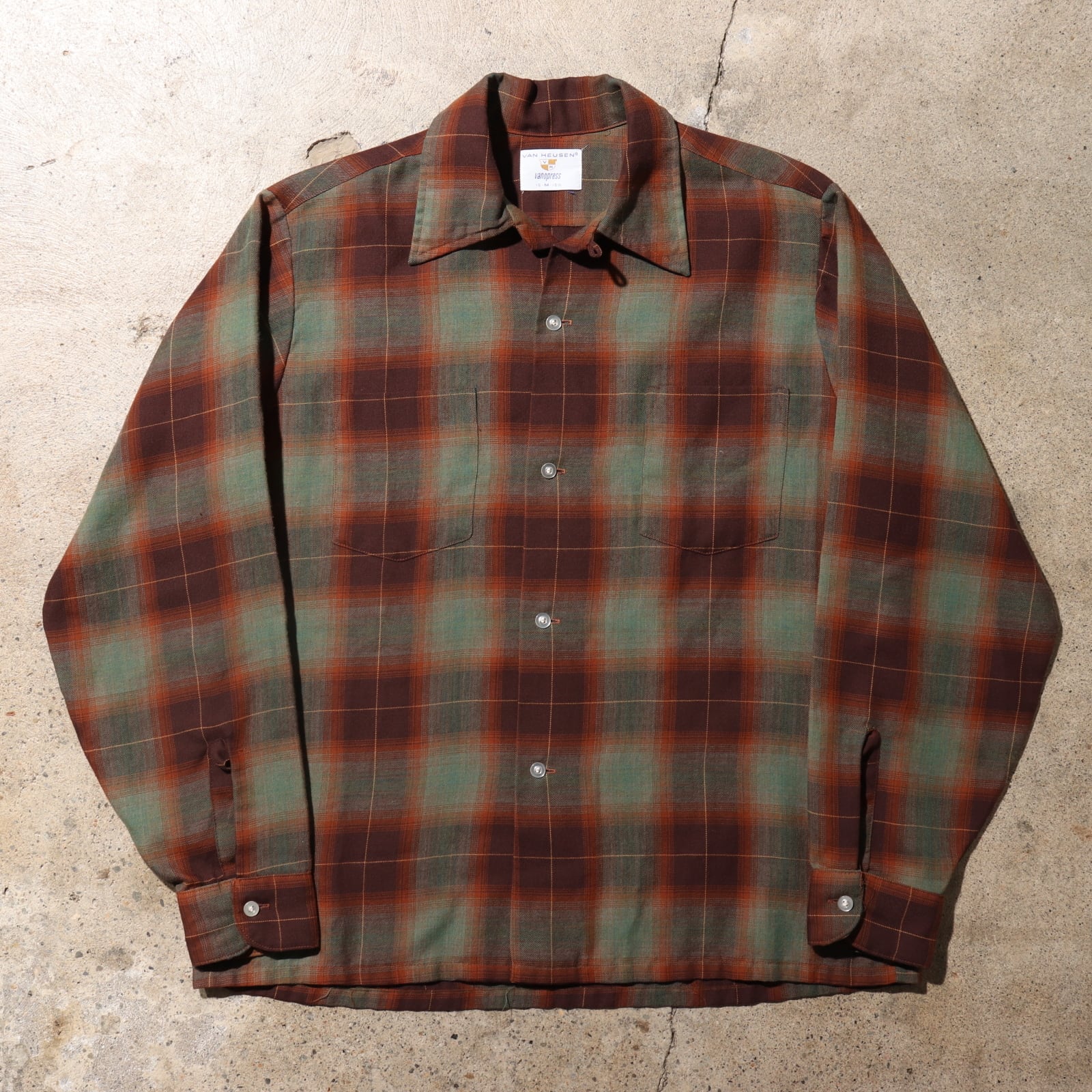 極美品 M 70s レーヨン オンブレチェックシャツ Van Heusen 長袖