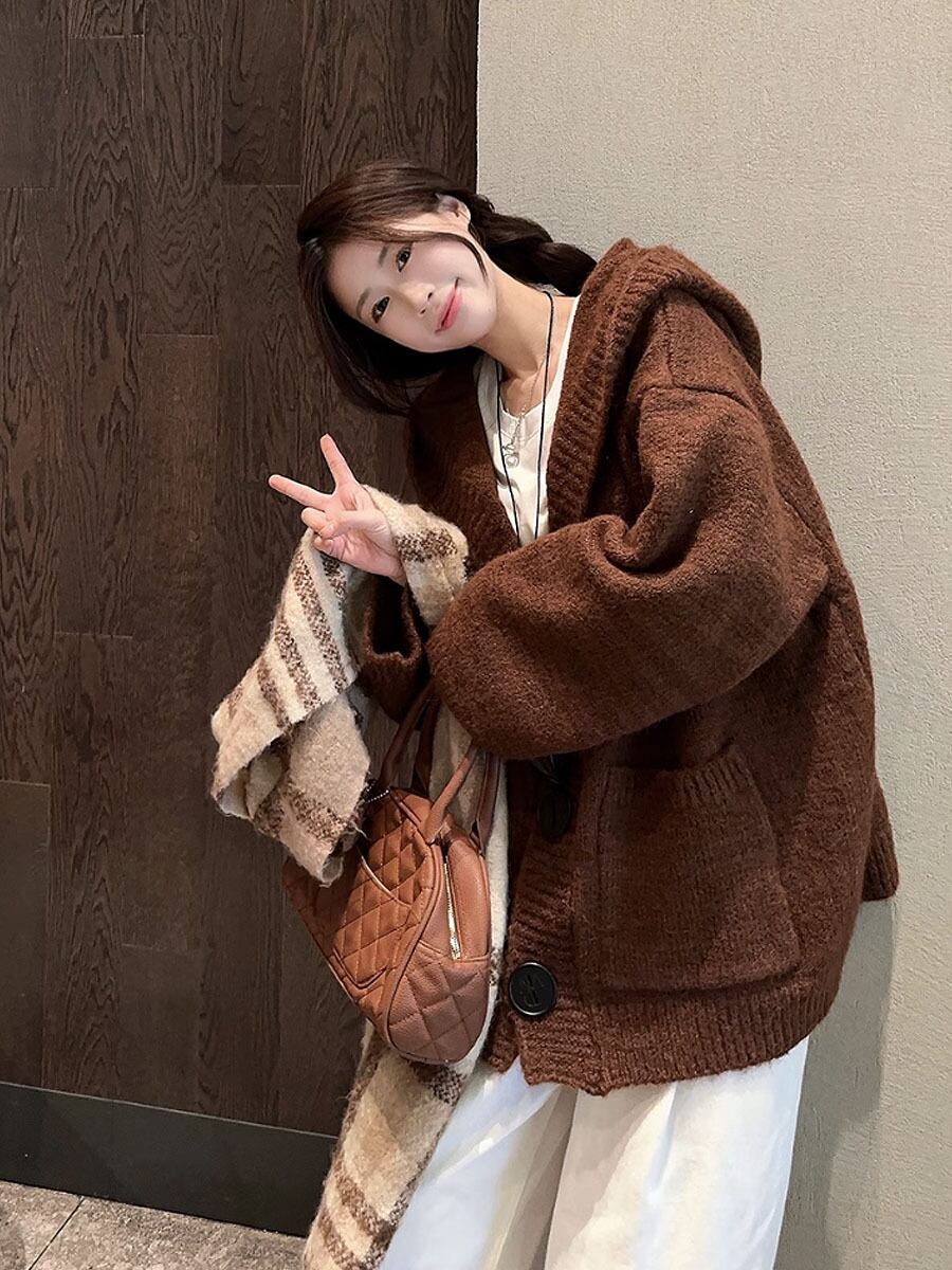 全3色 フード付きオーバーサイズカーディガン ゆったり 大きめ
