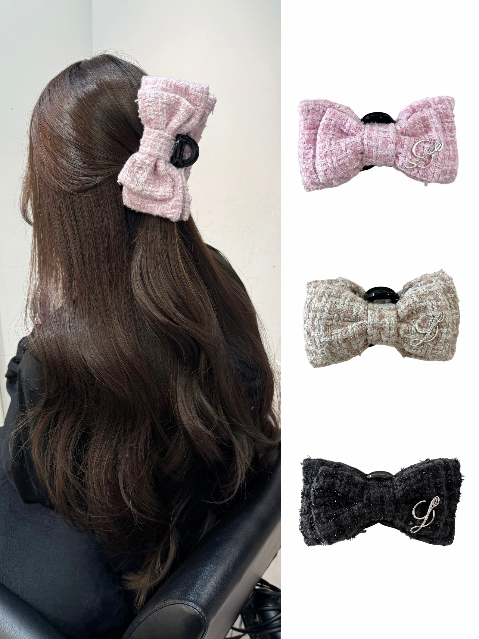 Lumignon original ♥ L tweed ribbon hair clip【ピンク/ベージュ