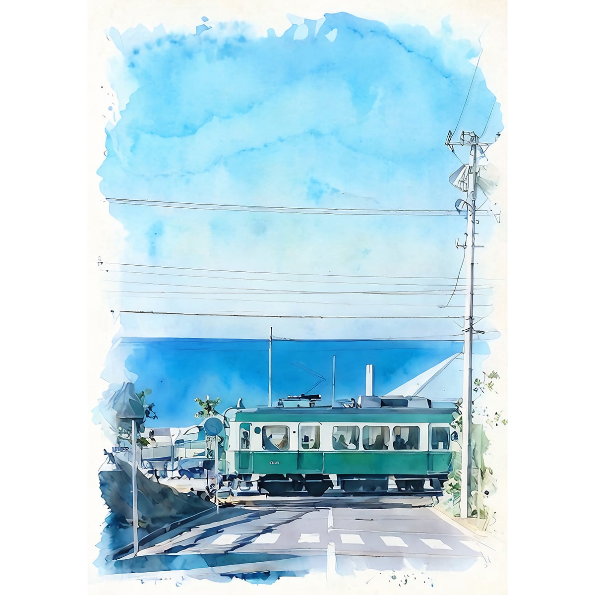 絵画 風景画(街並み) 日本 神奈川県 鎌倉高校前駅の踏切 インテリア