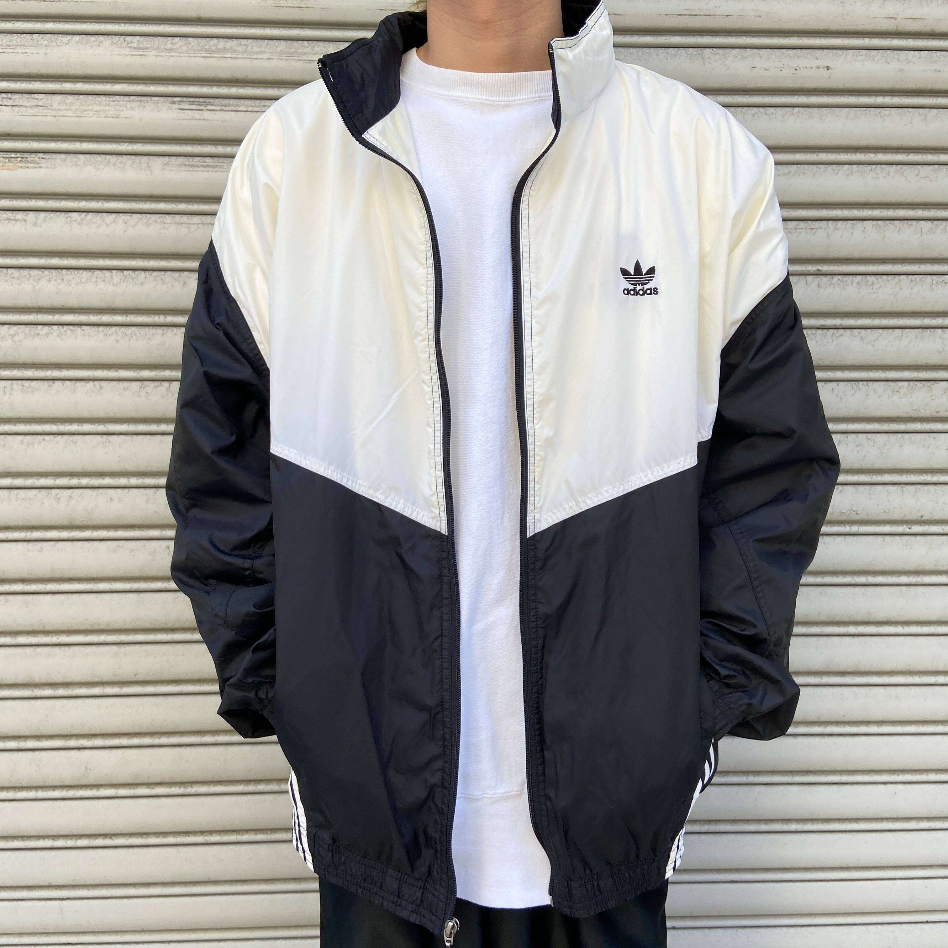 90s adidas ナイロンジャケット トレフォイルロゴ 3本線 白黒 L | 古着