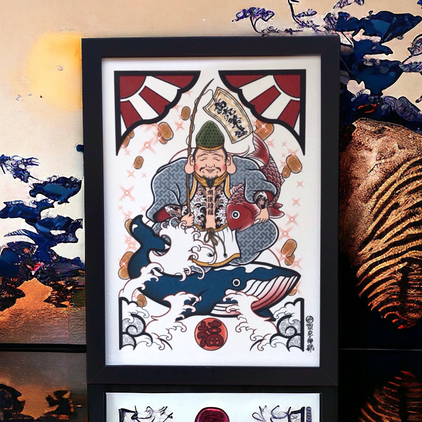 尾九 刺青画 七福神 恵比寿さま 波桜 開運招福 A4サイズ フレーム付き