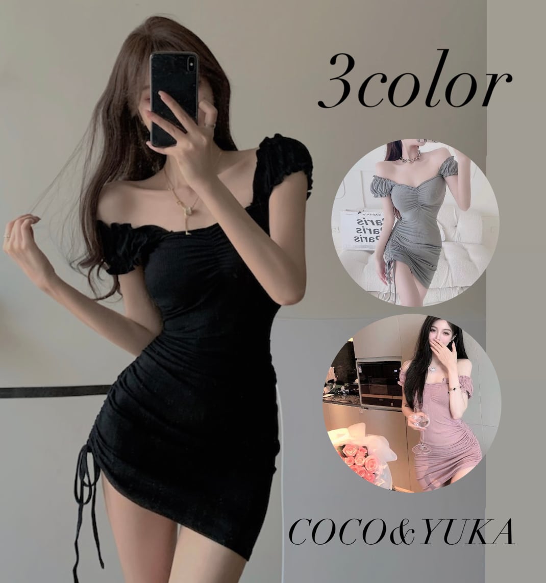 セクシー タイト ミニ ワンピース ノースリーブ 肩出し ニット リボン