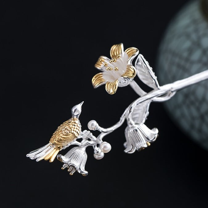 鳥と花のかんざし 簪 とり はな シルバー K015 | Vary