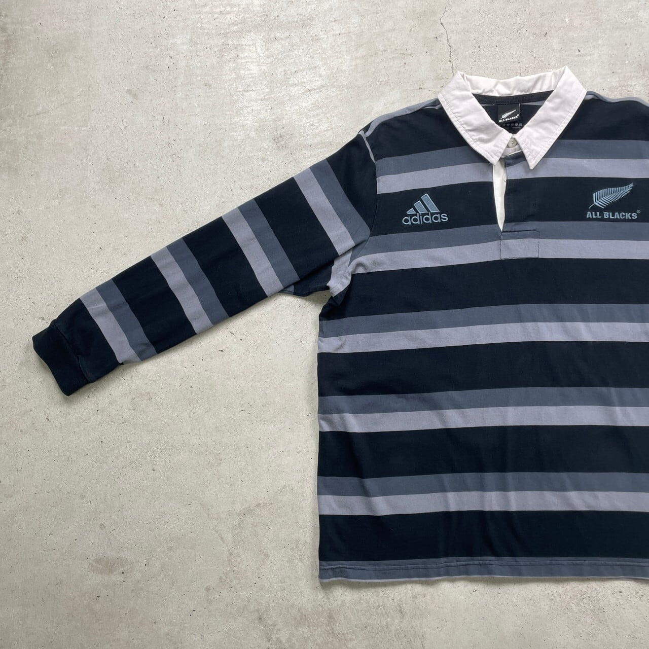 adidas ボーダー ラガーシャツ ALL BLACKS チームロゴ刺繍