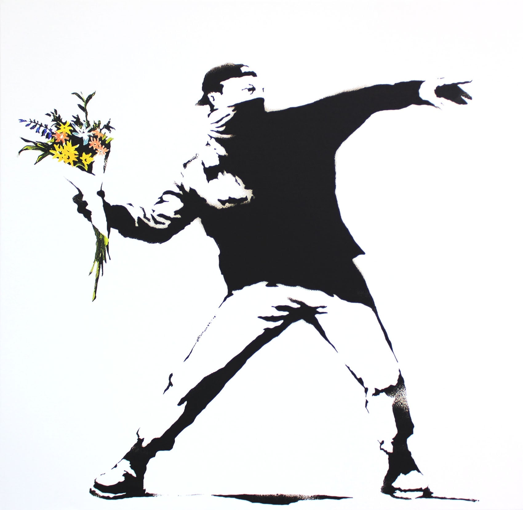 バンクシー「花束を投げる男/Flower Bomber」展示用フック付き