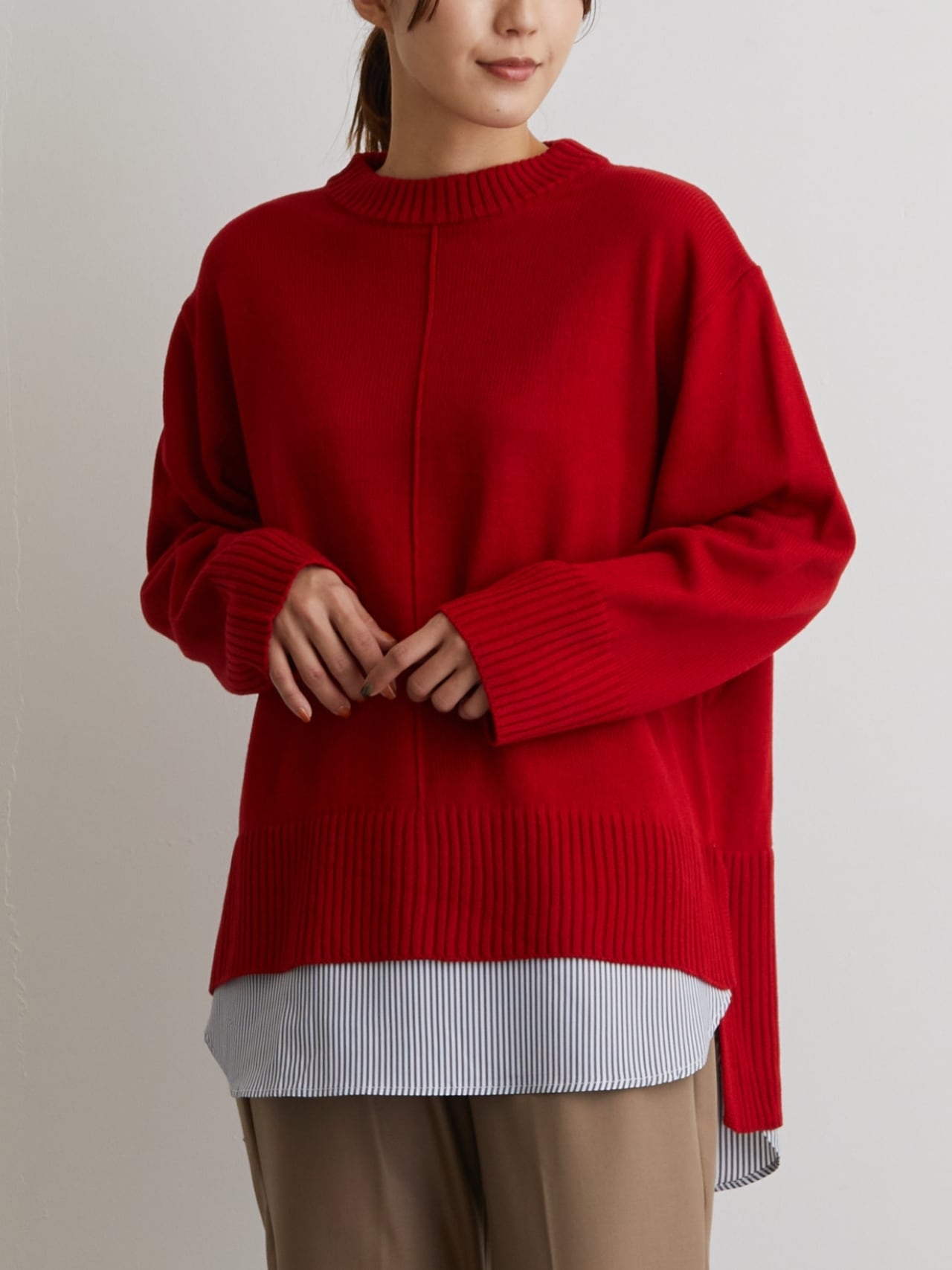 No.22505 ストライプシャツドッキングニット Red | エルキカク