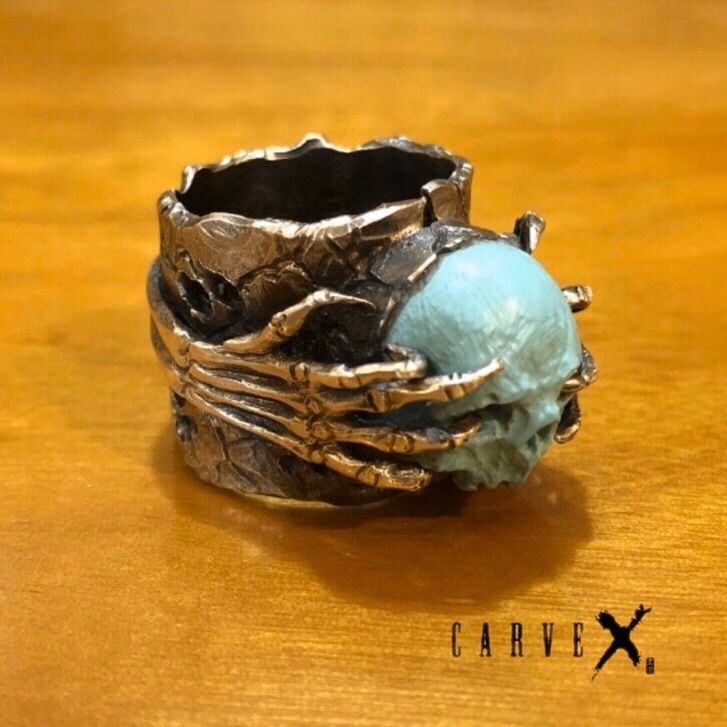 一点物細工 CARVEX 手彫り スカル リング 木 19.5号 小手作 純銀