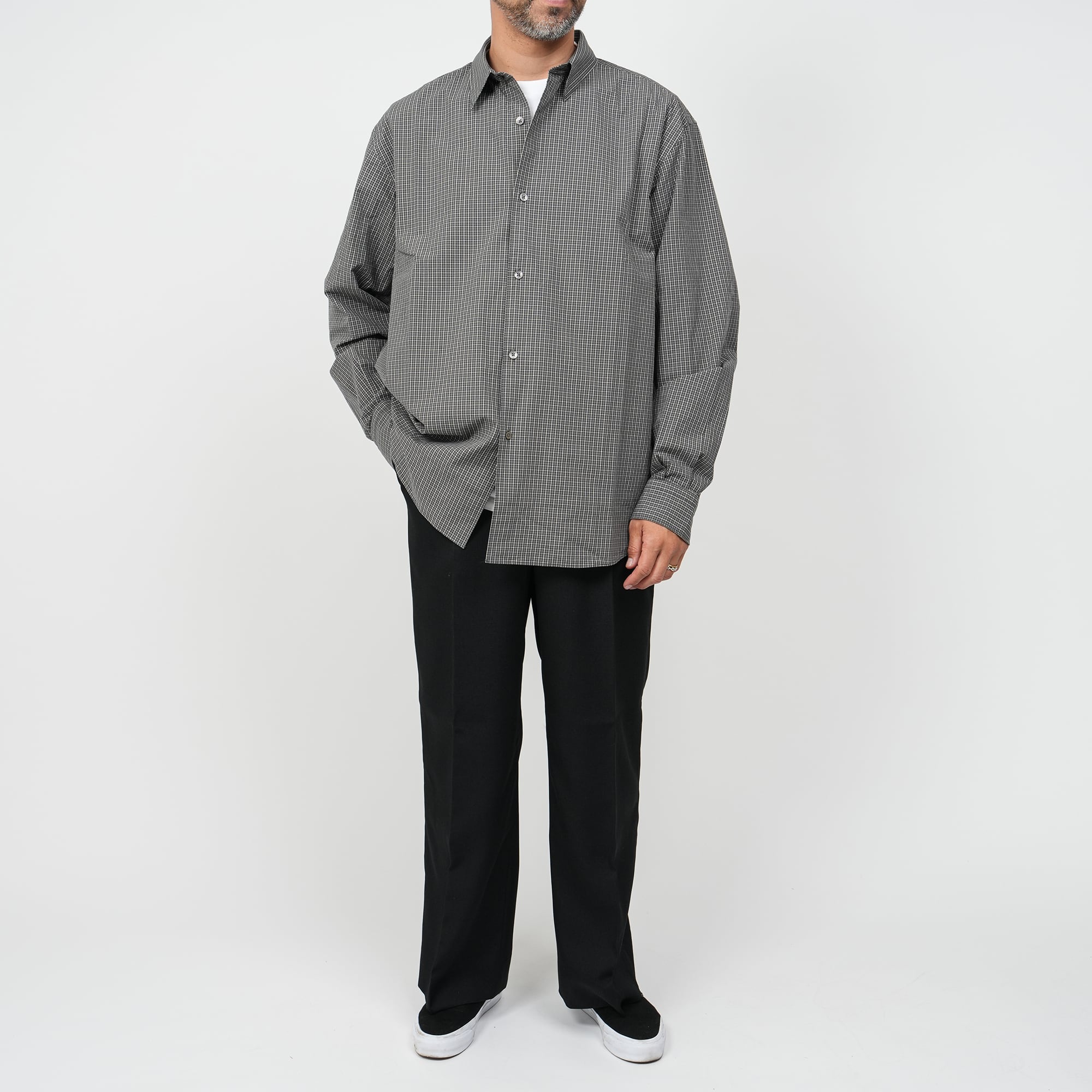 Cotton Poplin Pin Check Wide Shirts (black×gray) | OVY