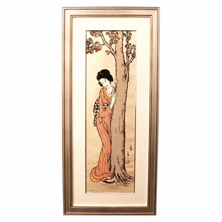 竹久夢二 女性の肖像 木製フレーム 額220x275 絵90x130mm 竹久夢二