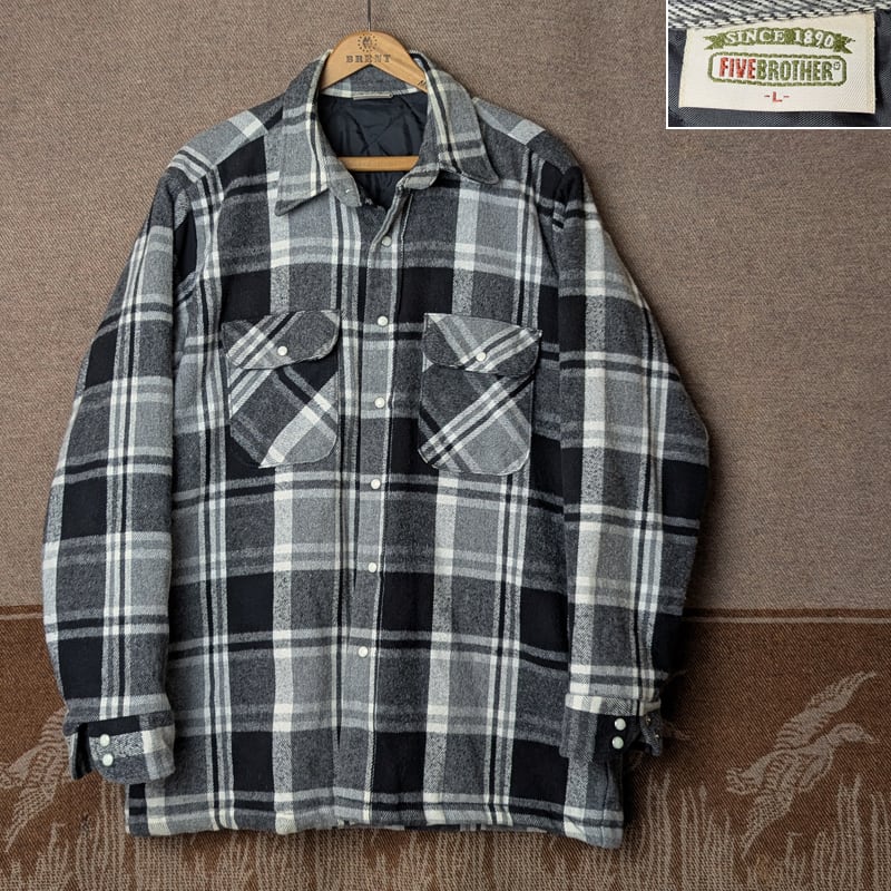 90s～ FIVE BROTHER Gray Plaid Flannel Shirt w/Quilting Lining (L