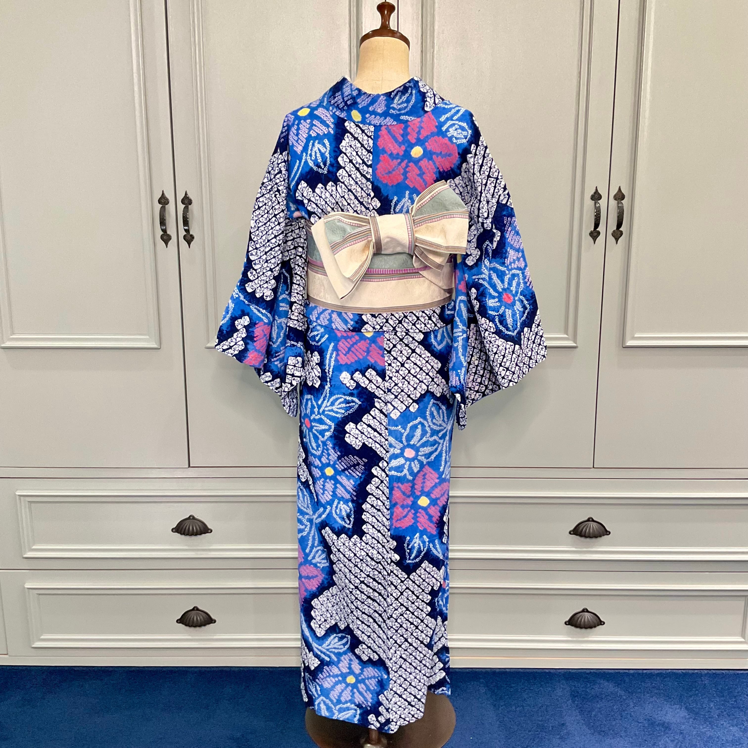 long＊五感の涼＊有松鳴海絞り浴衣 ネイビー 花 A727 | kimono tento