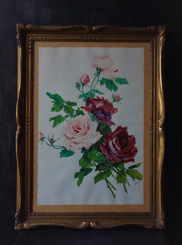 西洋アンティーク フランス 薔薇の絵 水彩・ガッシュ・サイン アート