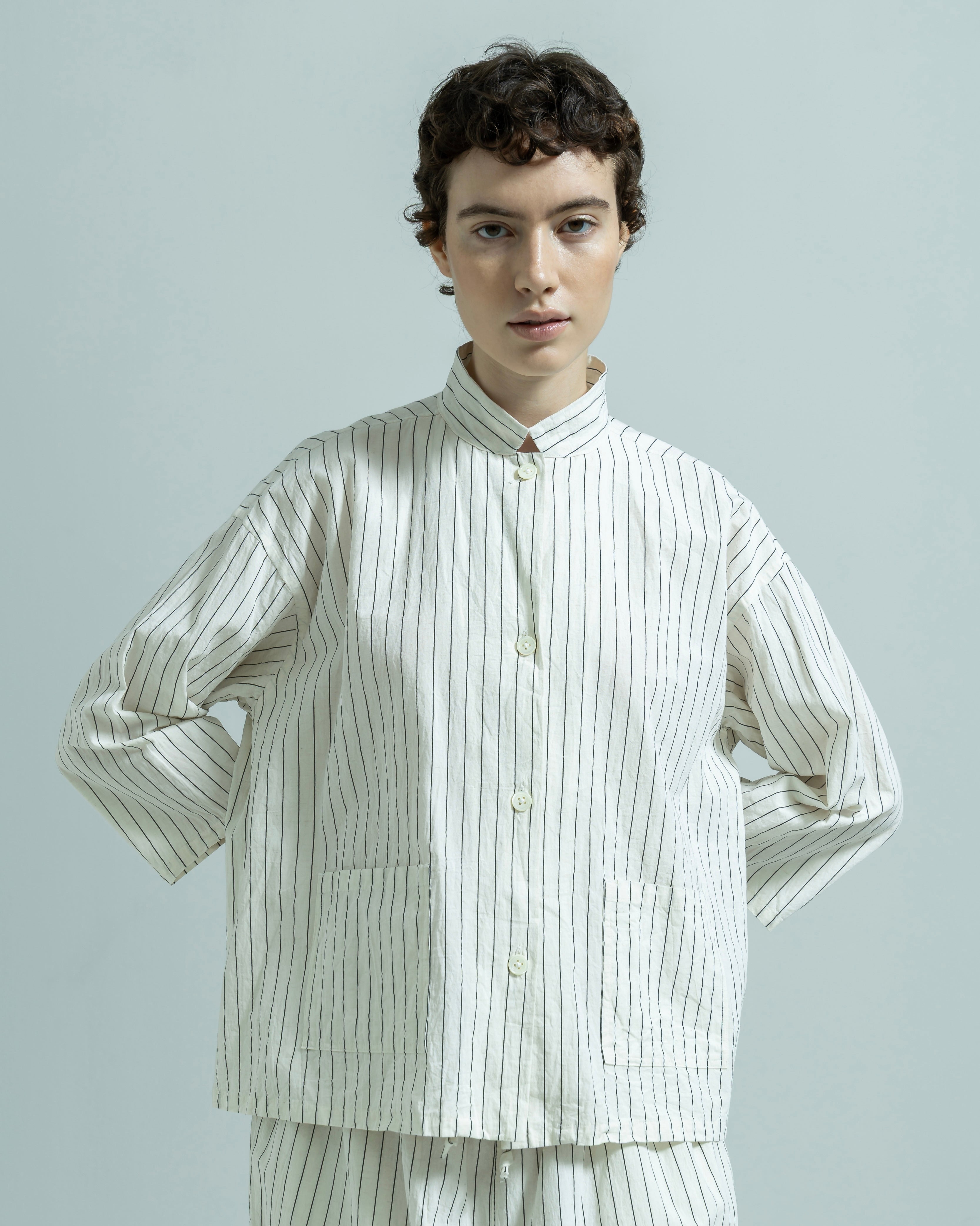 COTTON LINEN STRIPE W OPEN POCKET COLLAR SHIRT（コットンリネン