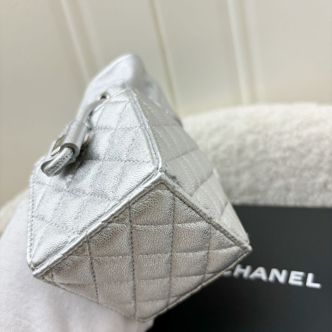 Chanel VIP Gift 2021 Micro Box Bag in Metallic Silver Lambskin and