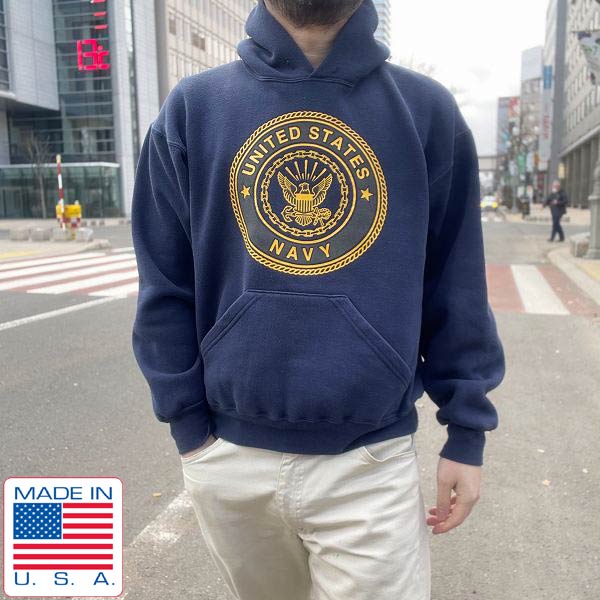 USA製 US NAVY 両面リフレクター スウェット パーカー 紺系 M ネイビー