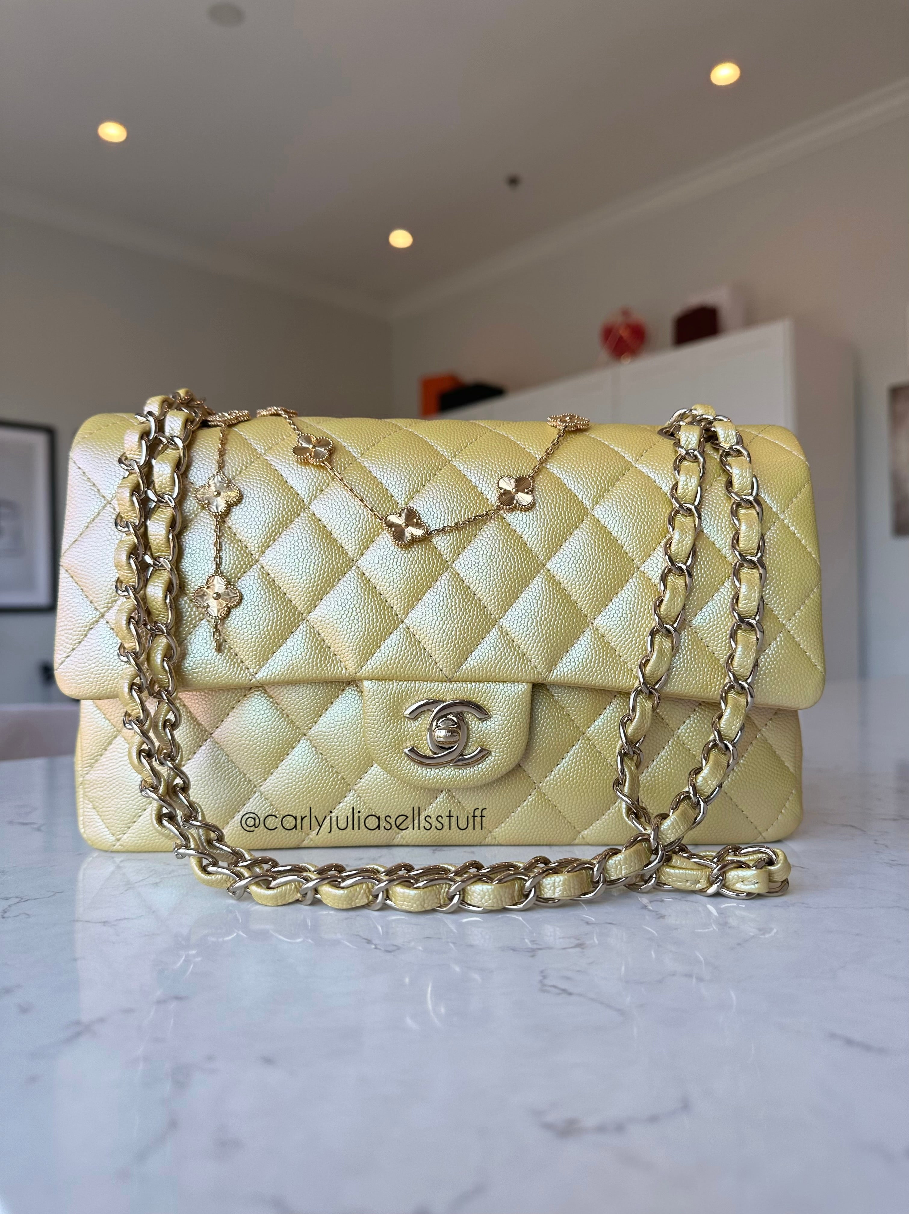 CHANEL Classic Medium Double 22P Iridescent Yellow Caviar Leather