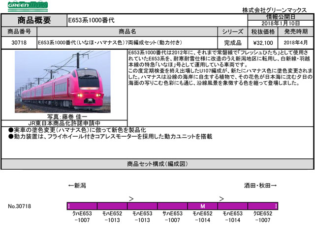 グリーンマックス 30718 E653系1000番台「いなほ・ハマナス色」7両