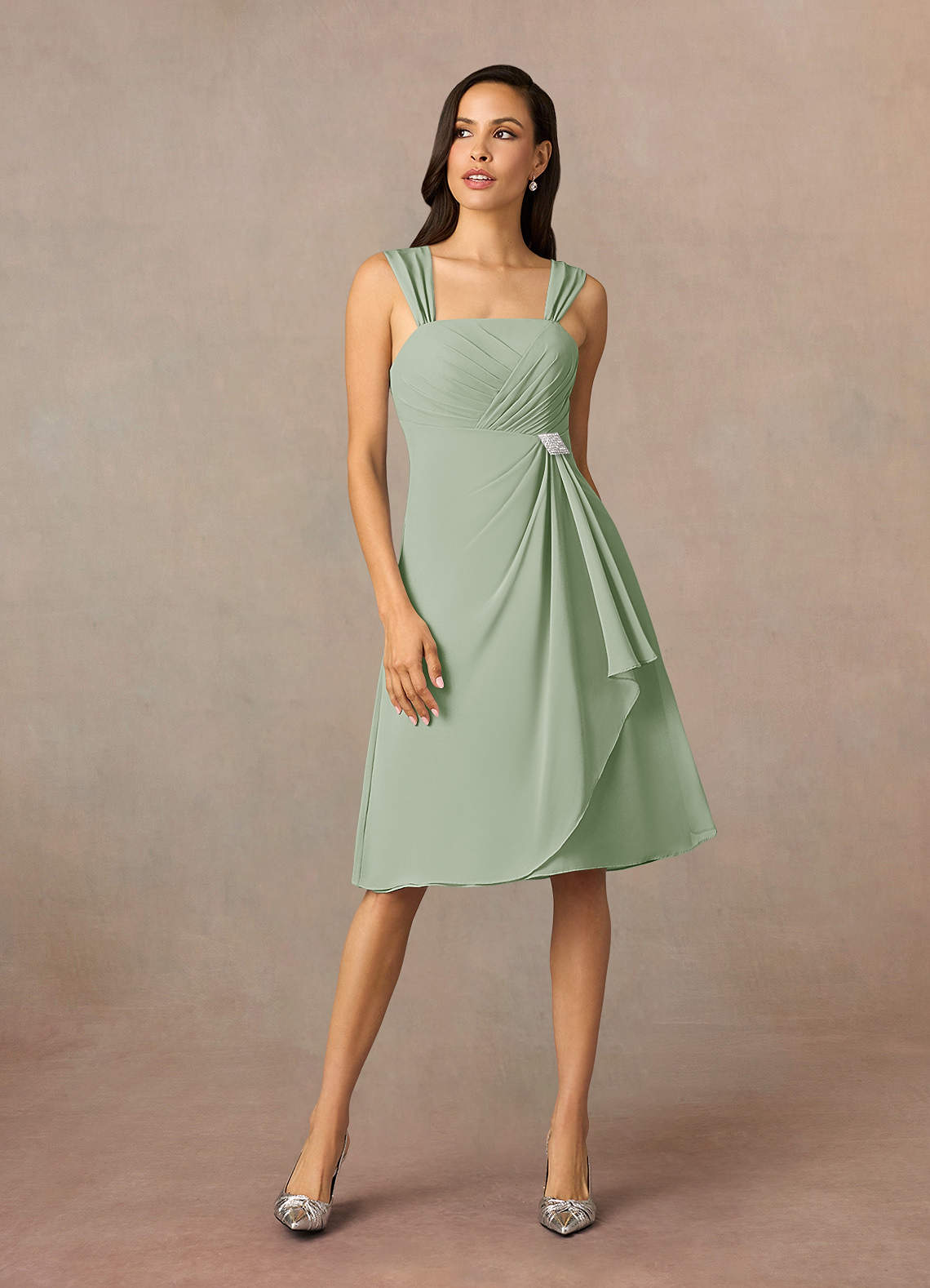 Azazie Olivia Dusty Sage A-Line Square Neckline Pleated Chiffon